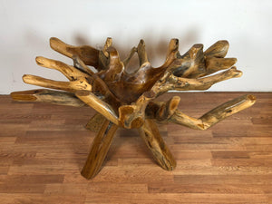 Teak root live edge free form dining table with beveled glass top 67"