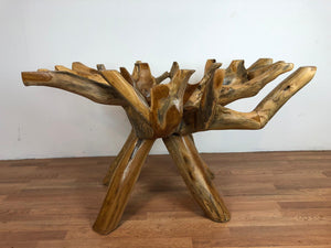 Teak root live edge free form dining table with beveled glass top 67"