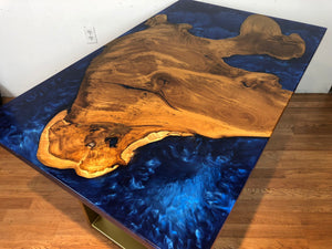 Epoxy desk with teak root wood slab