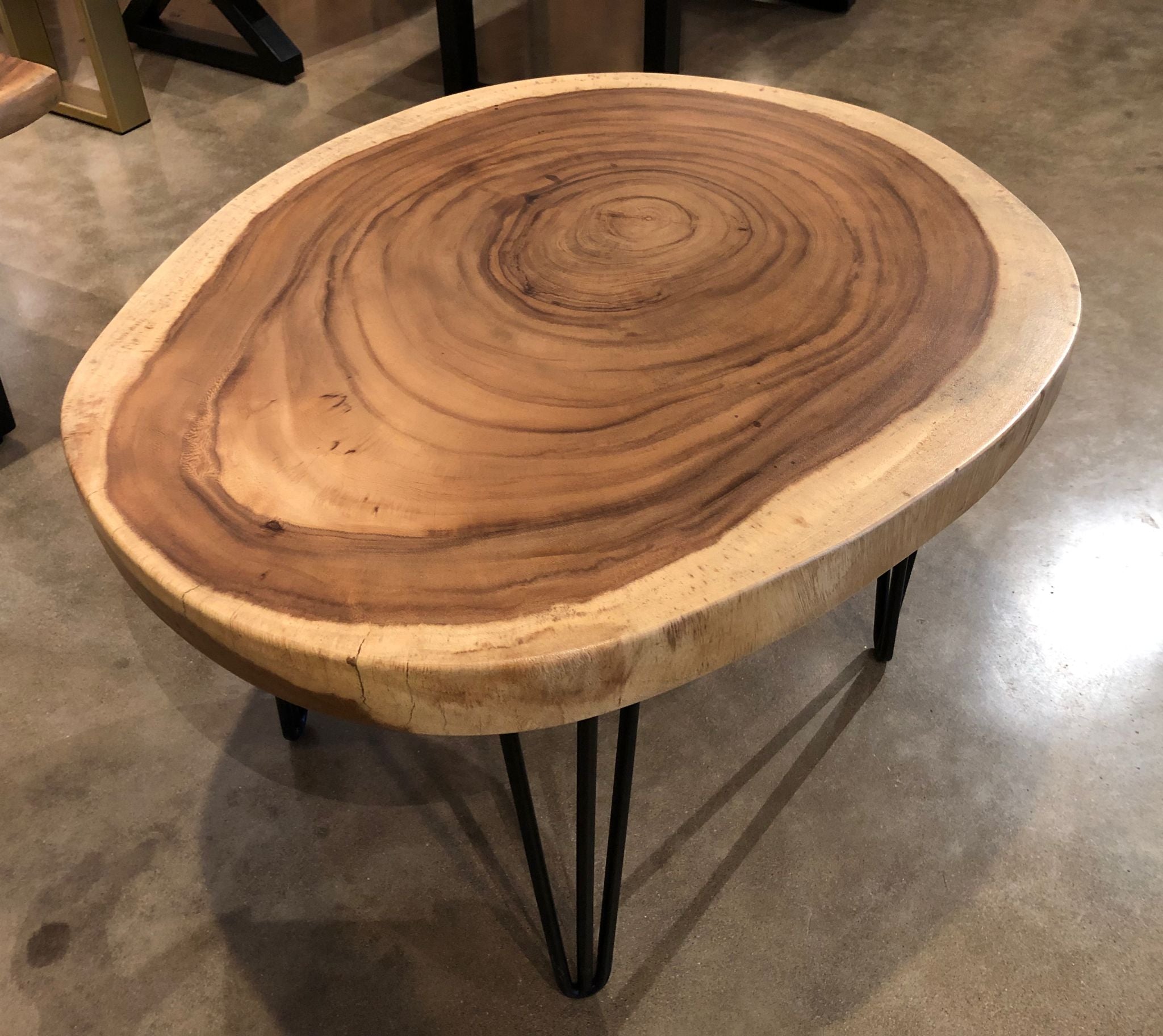 freeform acacia wood crosscut slab coffee table