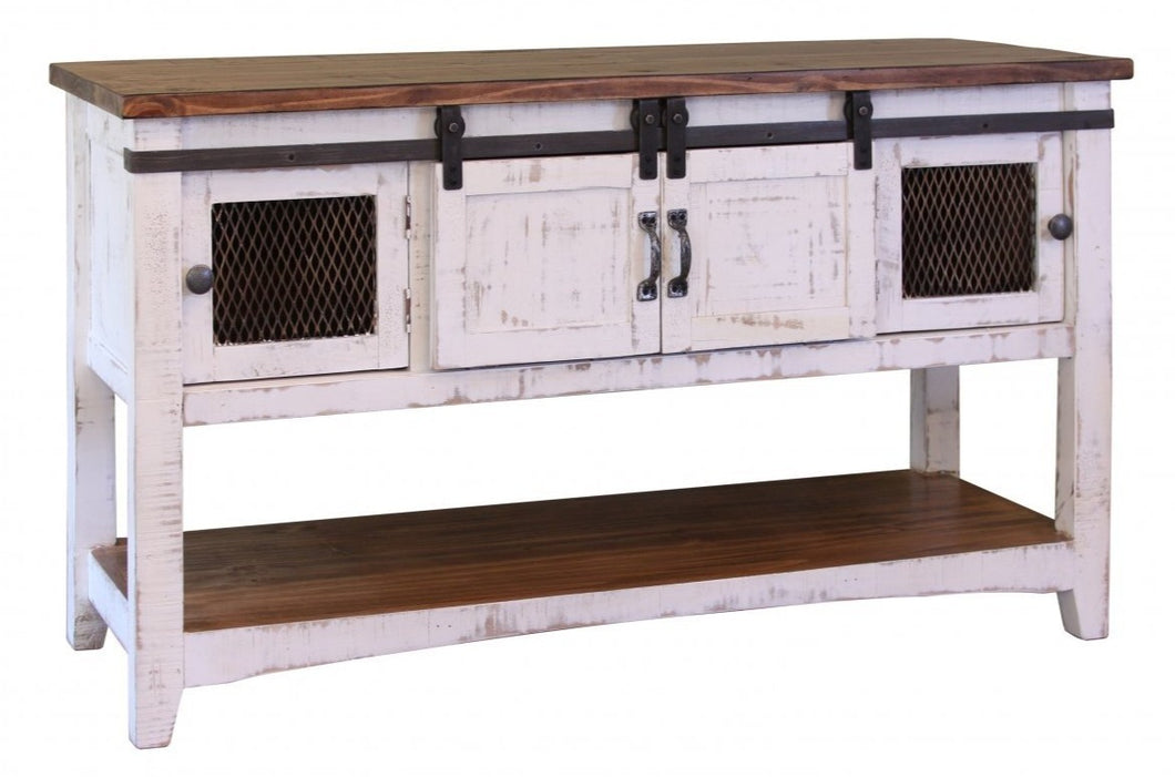 Rustic dual tone white brown sofa table with sliding barn doors
