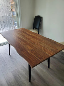 Live edge sheesham wood dining table with wooden legs