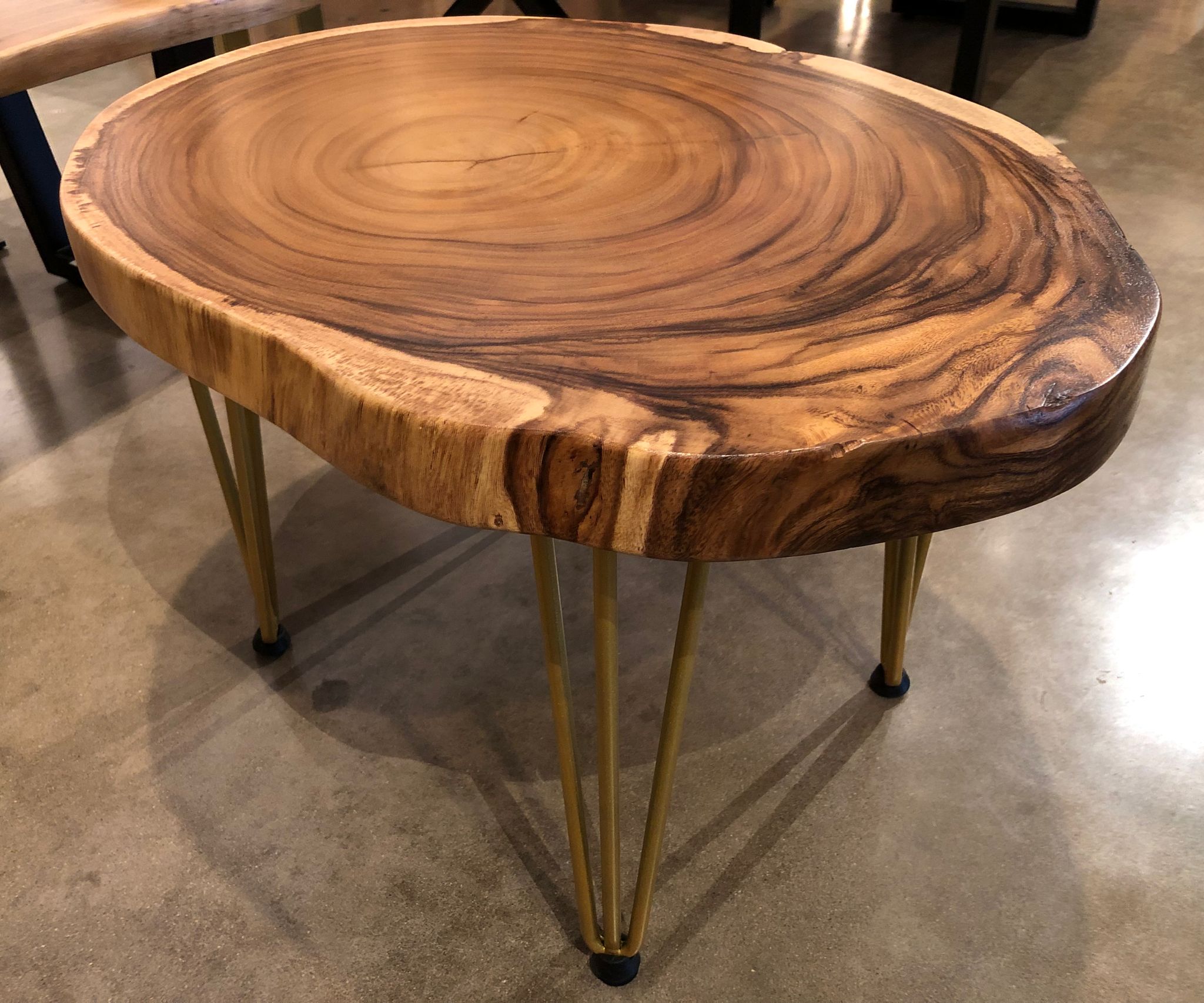 Live edge acacia wood crosscut slab coffee table