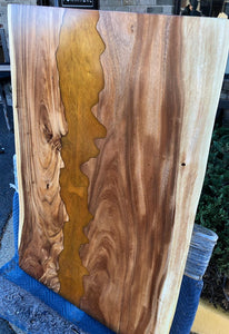 Live edge acacia wood slab dining table with epoxy 59" x 35"-39"