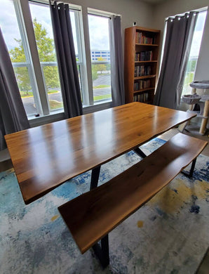 Live edge walnut wood dining table and bench