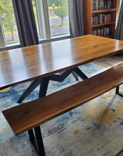 Live edge walnut wood dining table and bench