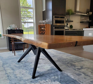 Live edge walnut wood dining table with mantis metal base